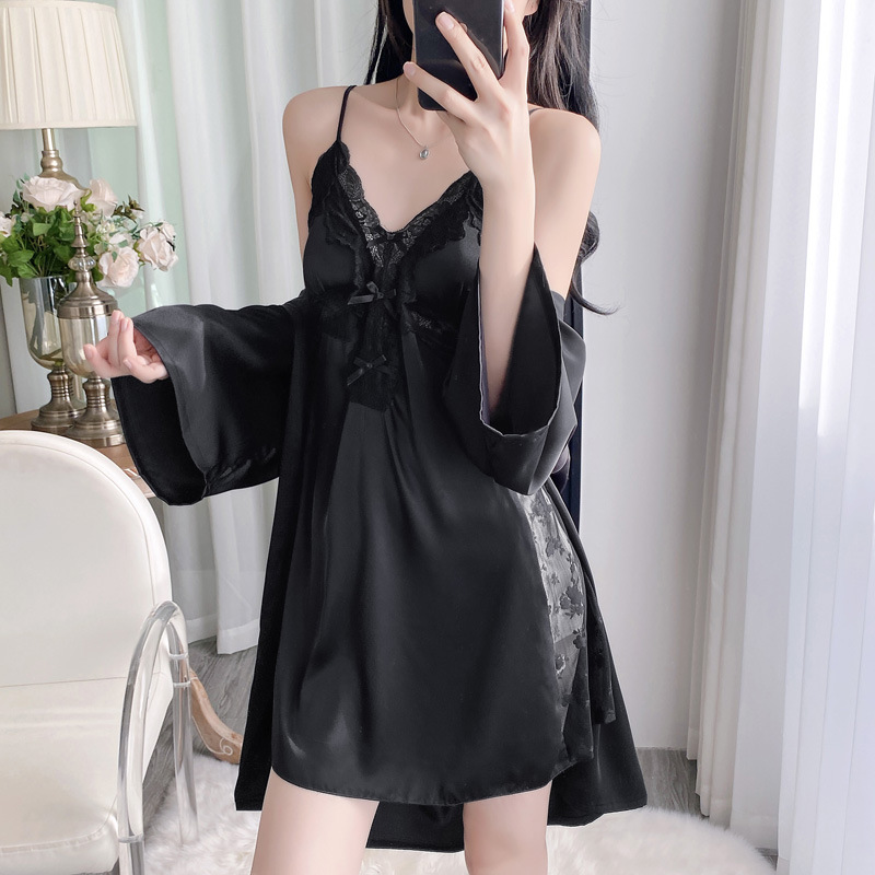 2PCS V-Neck Bathrobe Suit Wome - Robe Silk Women 评论和价格