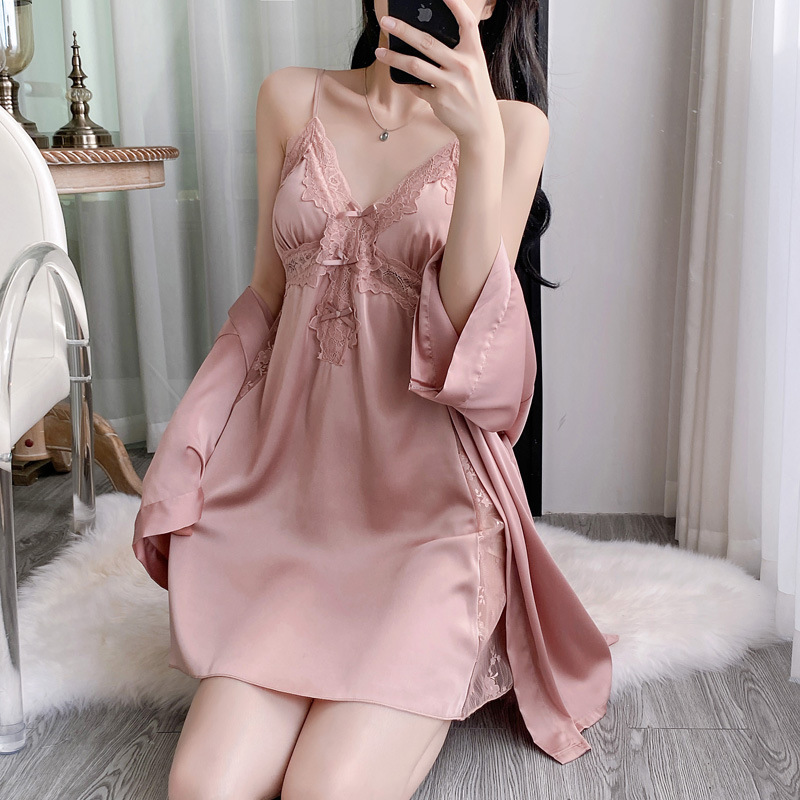 2PCS V-Neck Bathrobe Suit Wome - Robe Silk Women 评论和价格
