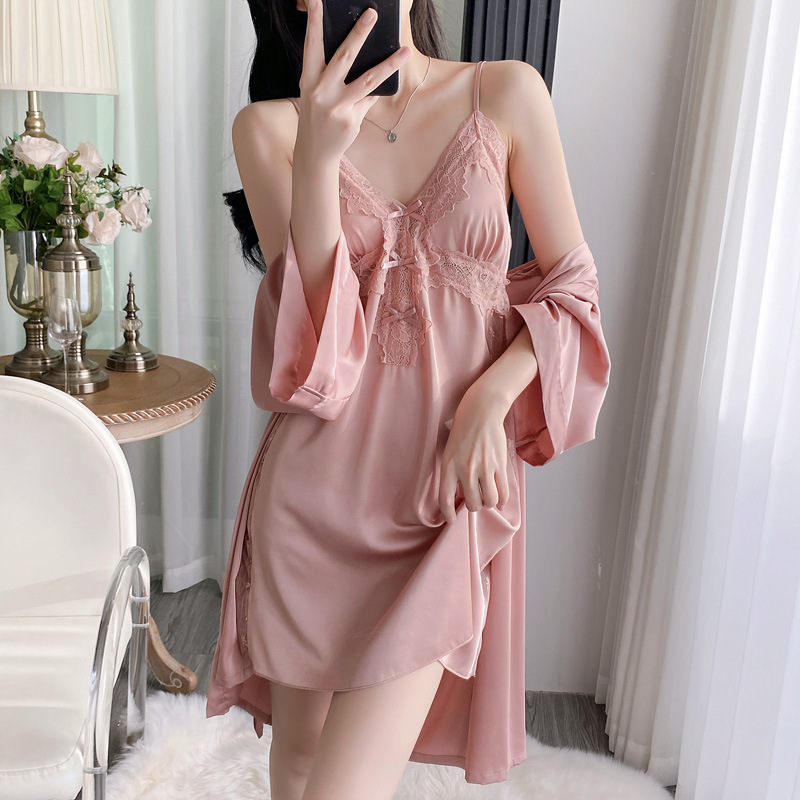 2PCS V-Neck Bathrobe Suit Wome - Robe Silk Women 评论和价格